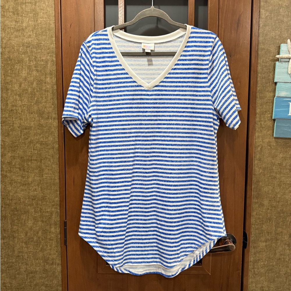 LuLaRoe EUC Royal Blue & White Striped V-Neck Women's Top